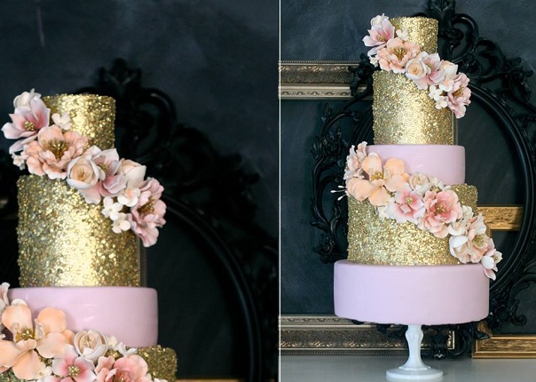 Edible Gold Sequins and Pale Pink with floral accents by The Caketress